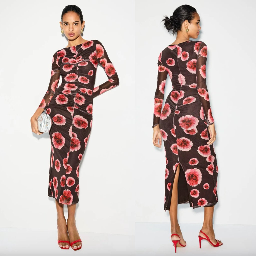 Suboo Frida Ruched Front Midi Dress Black & Red Floral Poppy Long Sleeve Xs